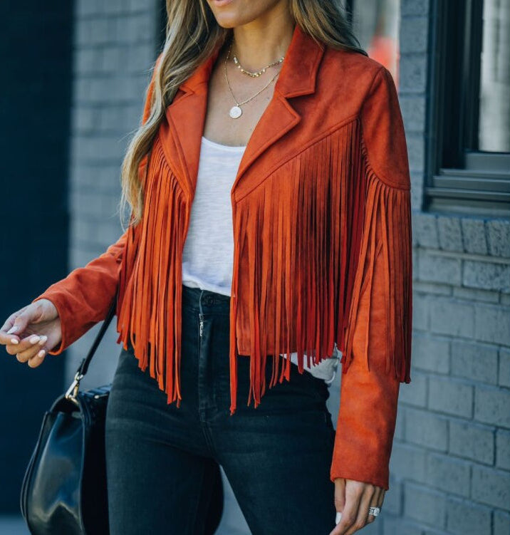 Shiloh Ashstone | Fringe Faux Suede Cropped Jacket For Women