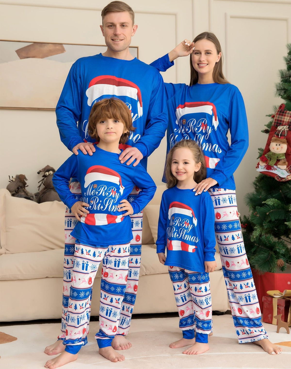 Snowfall | Blue Santa Hat Print Christmas Pyjamas Unisex & Family