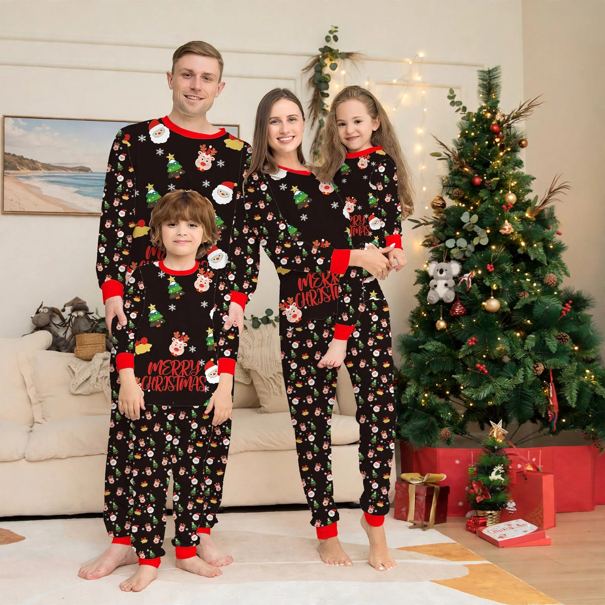 Starlit | Black Santa Print Christmas Pyjamas Unisex & Family