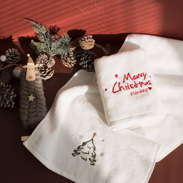 Stitched Joy | White Embroidered Merry Christmas Towel Unisex