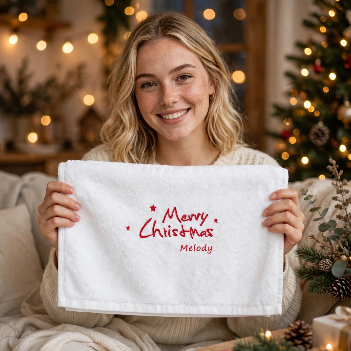 Stitched Joy | White Embroidered Merry Christmas Towel Unisex