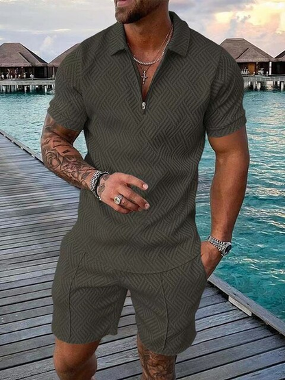 Archer Hayes | Grey Patterned Polo And Shorts Set For Men