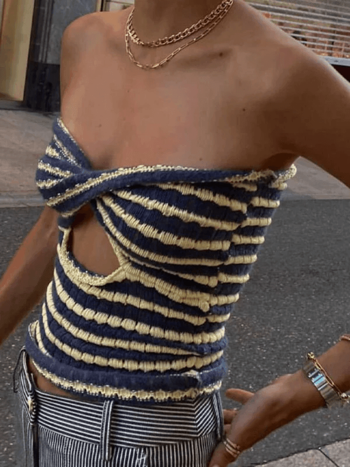 Erin Faulkner | Striped Twist-Front Bandeau Crop Top For Women