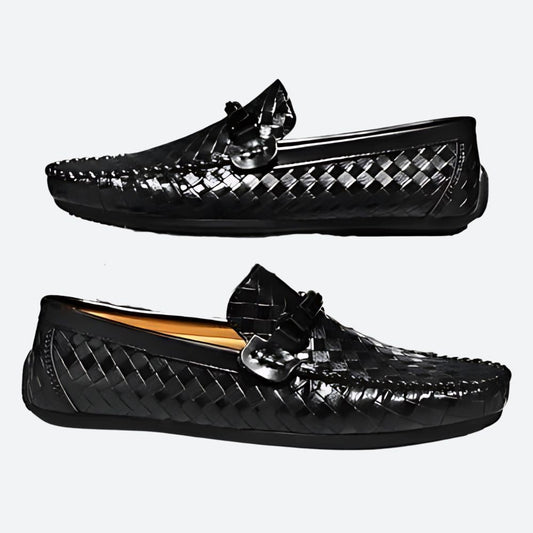 Zac Rowe | Black Woven Leather Tassel Moccasins For Men