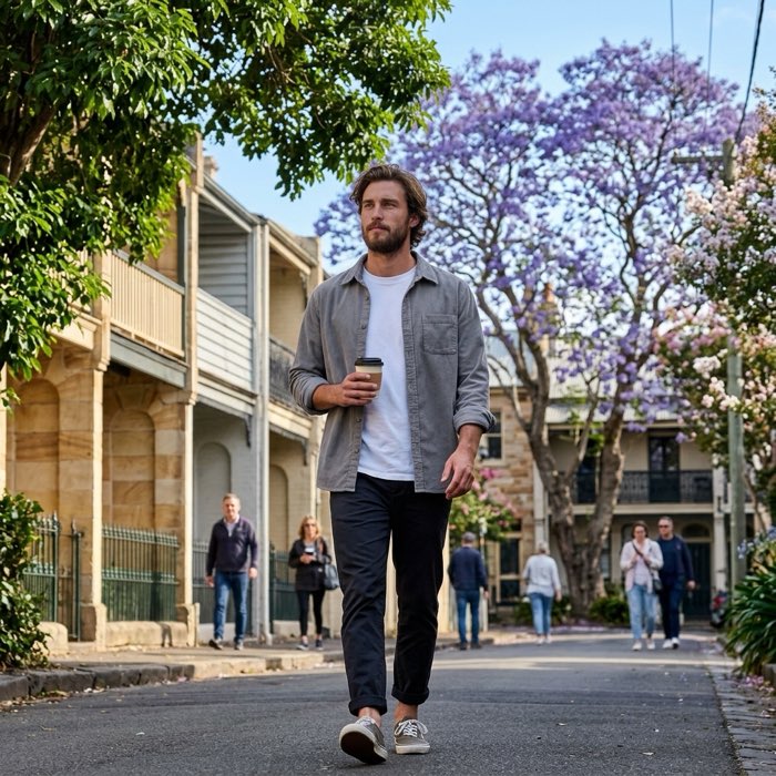 Man in a corduroy overshirt on a leafy street