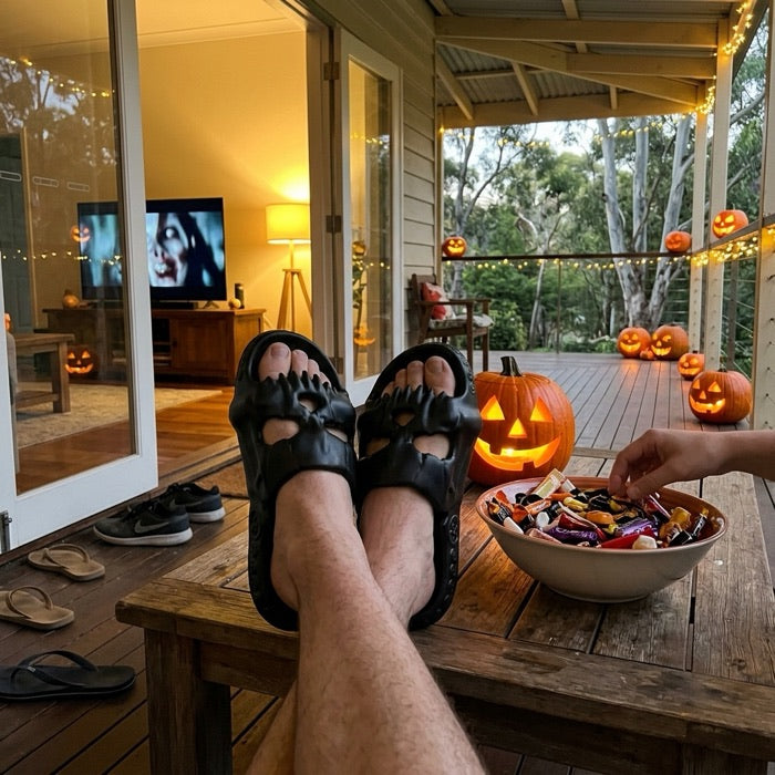 Man with skull Halloween slippers up on the coffee table watching a film