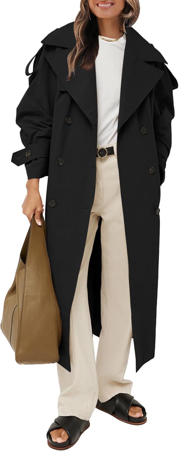 Womens Oversized Long Trench Coat Double Breasted Lapel Windproof Overcoat with Belt