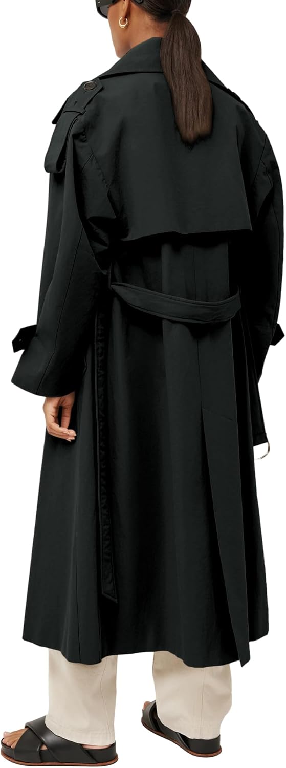 Womens Oversized Long Trench Coat Double Breasted Lapel Windproof Overcoat with Belt - Image 3