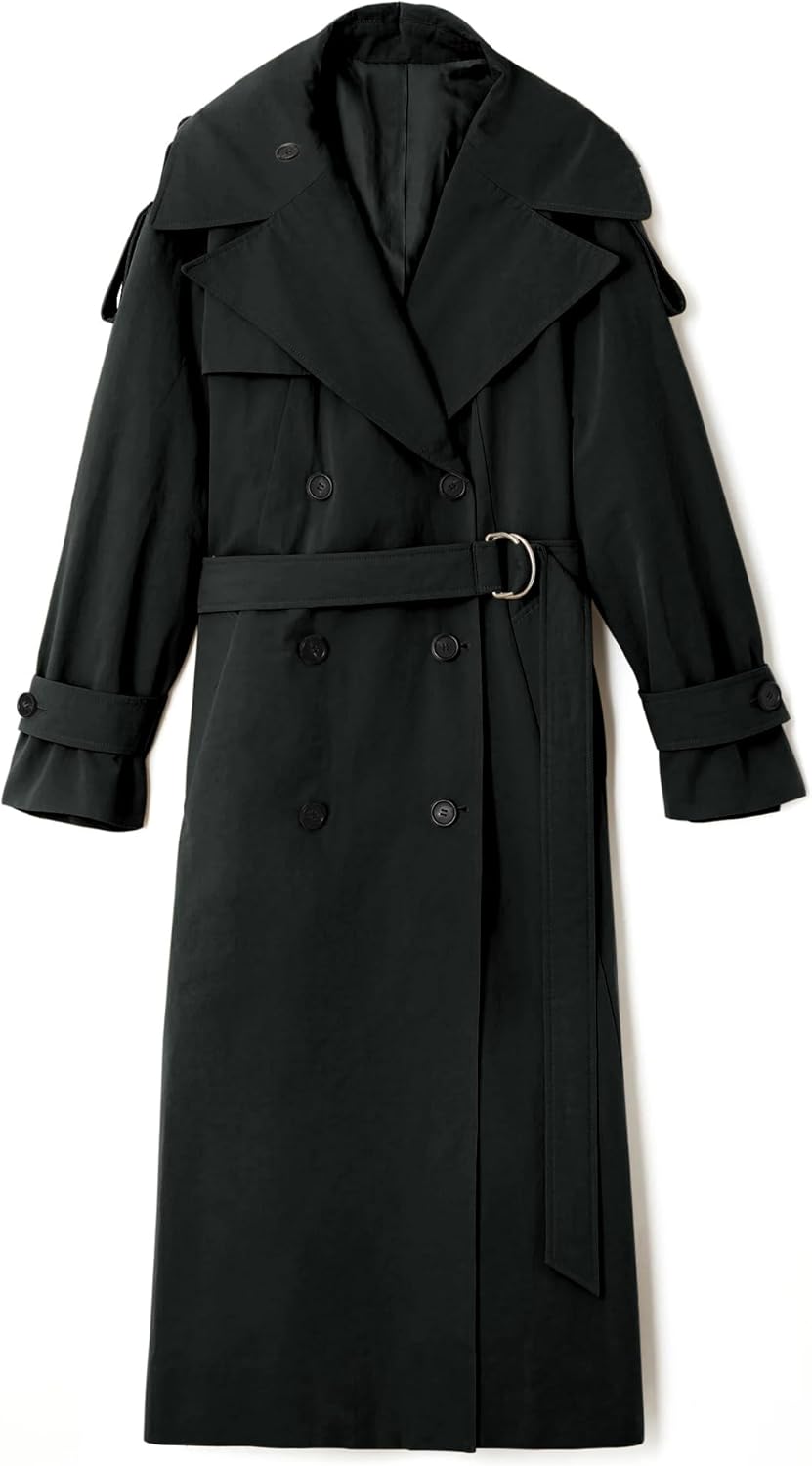 Womens Oversized Long Trench Coat Double Breasted Lapel Windproof Overcoat with Belt - Image 4