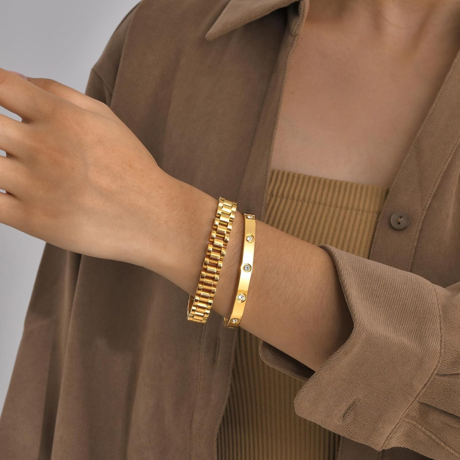 2pcs Gold Chain Link Bracelet, Stainless Steel Crystal Friendship Bracelets Bangle,Watch Band Chains Wristband Jewelry with Adjust Tool - Image 3