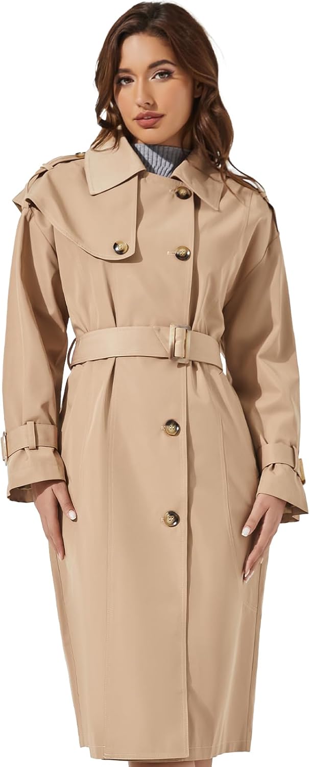 Womens Long Trench Coat Single Breasted Oversized Windproof Classic Lapel Fall Overcoat Epaulets And Belts