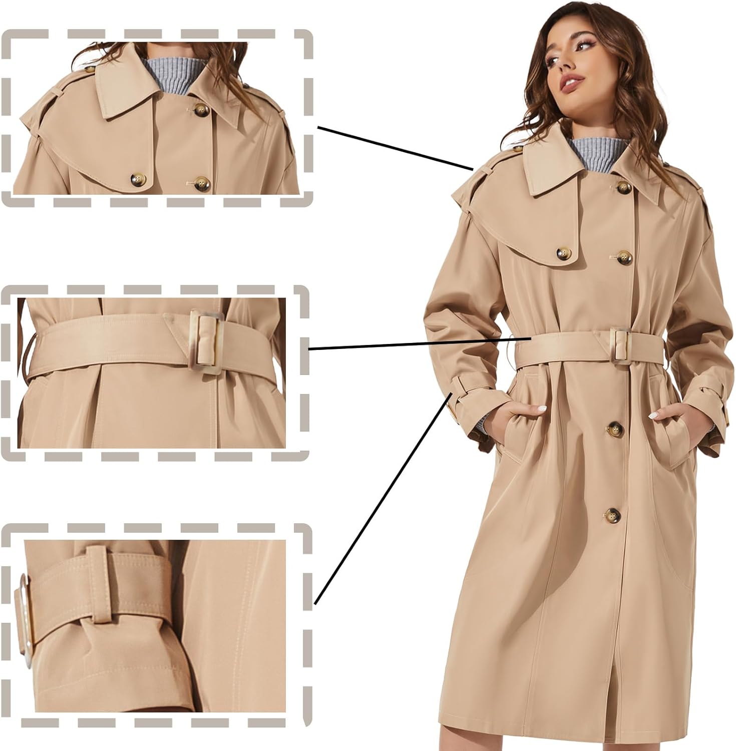 Womens Long Trench Coat Single Breasted Oversized Windproof Classic Lapel Fall Overcoat Epaulets And Belts - Image 5